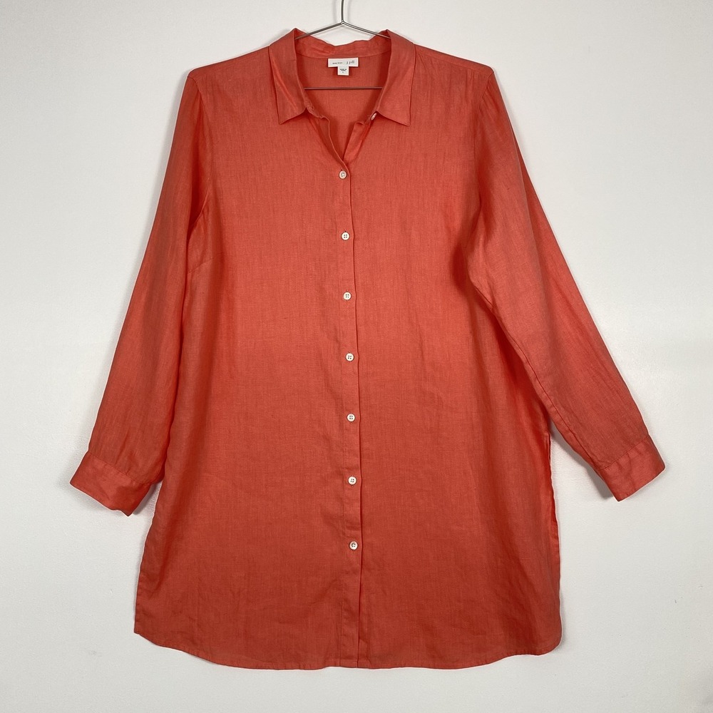 J Jill Shirt Womens Large Orange LongSleeve Button Front Linen Tunic Top Pockets